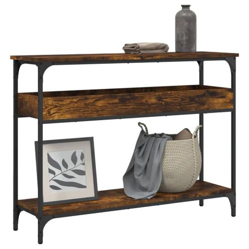 Table Console En Chene Fume Avec Etagere | 100x29x75 Cm, Gain De Place, Multifonctionnel Pour Entree Ou Salon, Cadre Metal Stable