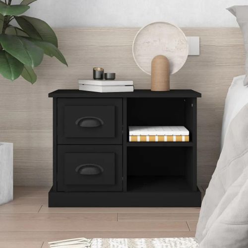 Table De Chevet En Bois D'ingenierie Noir | 60x35,5x45 Cm, 2 Tiroirs + 2 Compartiments, Compact, Gain De Place, Multifonctionnel