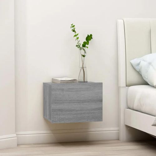 Table De Chevet En Bois D'ingenierie Sonoma Gris | 40x30x30 Cm, 2 Tiroirs, Compact, Gain De Place, Design Mural