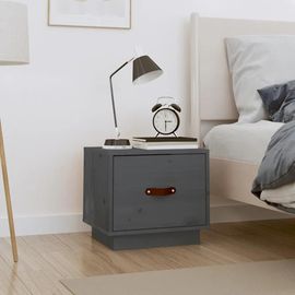 Table De Chevet En Bois De Pin Massif | 40x34x35 Cm, Gris, Compact, Gain De Place, Tiroir Avec Poignee En Similicuir