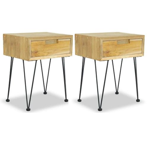 Tables De Chevet En Teck Massif 2 Pcs | 40x30x50 Cm, Style Colonial, Multifonctionnel, Gain De Place