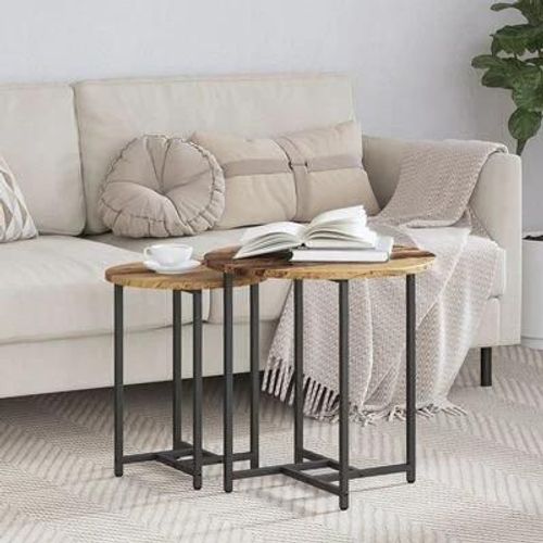 Table D'appoint En Vieux Bois Et Metal | Set De 2, Diametre 50 Cm, Style Rustique, Compacte, Gain De Place, Multifonctionnelle