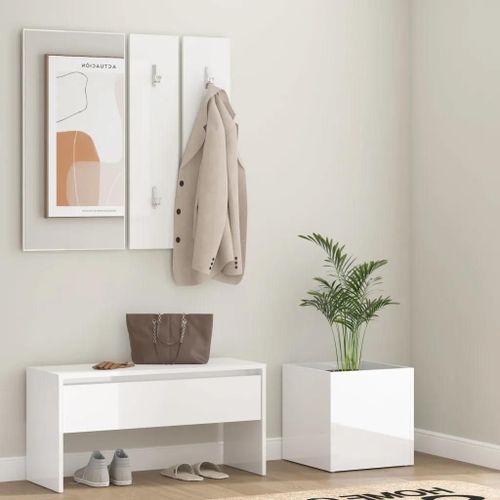 Ensemble Meuble De Couloir En Bois D'ingenierie Blanc Brillant | Banc Avec Tiroir, Miroir Et Porte-Manteaux, Multifonctionnel, Gain De Place