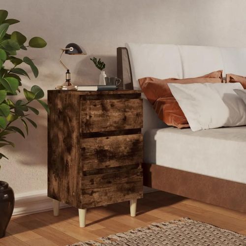 Table De Chevet En Bois De Chene Fume | 40x35x69 Cm, 3 Tiroirs, Compacte, Gain De Place, Style Scandinave