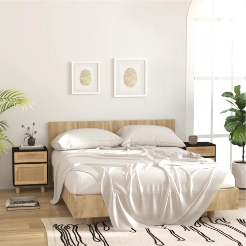 Tables De Chevet En Bois De Pin Massif Et Rotin Naturel 2 Pcs | Noir, Design Scandinave, Compact, 1 Tiroir + 1 Compartiment, Gain De Place