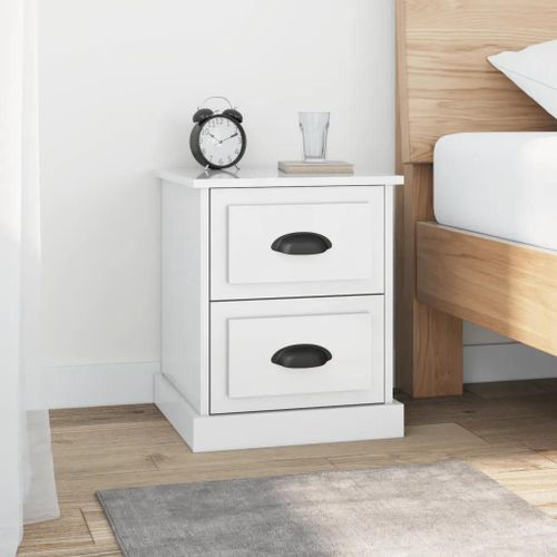 Table De Chevet En Bois D'ingenierie Blanc Brillant | 39x39x47,5 Cm, 2 Tiroirs, Compact, Gain De Place, Multifonctionnel