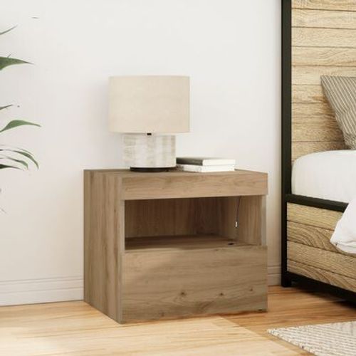 Table De Chevet En Chene Artisanal Avec Led | 50x40x45 Cm, Compacte, Gain De Place, Multifonctionnelle, Tiroir De Rangement