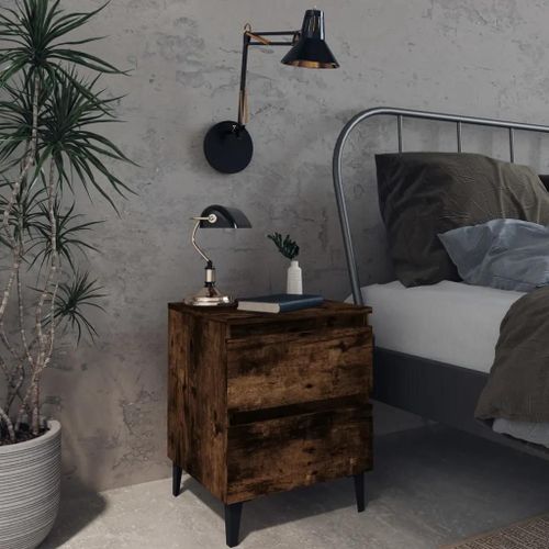 Table De Chevet En Metal Et Chene Fume | 40x35x50 Cm, 2 Tiroirs, Compacte, Gain De Place, Design Moderne