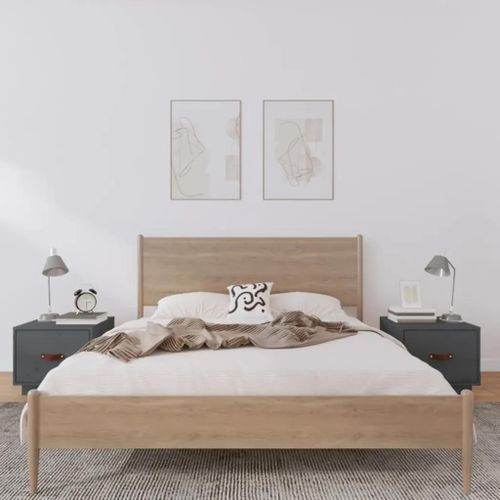 Tables De Chevet En Bois De Pin Massif 2 Pcs | 40x34x35 Cm, Gris, Design Elegant, Tiroir Avec Poignee En Similicuir, Gain De Place