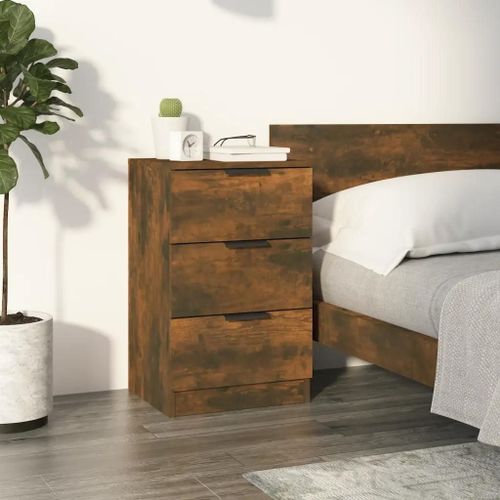 Table De Chevet En Chene Fume | 40x36x65 Cm, 3 Tiroirs, Compact, Gain De Place, Multifonctionnel