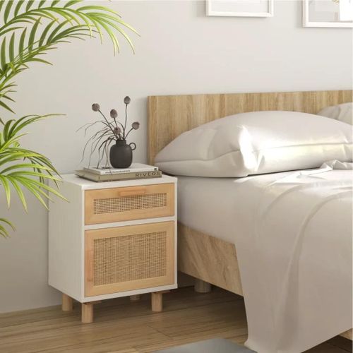Table De Chevet En Bois De Pin Massif Et Rotin Naturel | Blanc, 1 Tiroir + 1 Compartiment, Style Scandinave, Gain De Place, Compacte