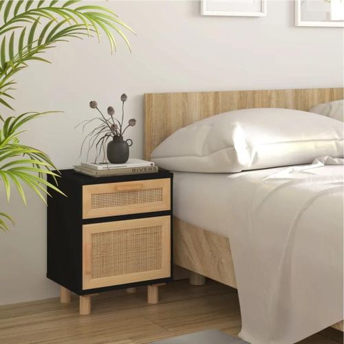 Table De Chevet En Bois De Pin Massif Et Rotin Naturel | Design Scandinave, 1 Tiroir + 1 Compartiment, Gain De Place, Compacte