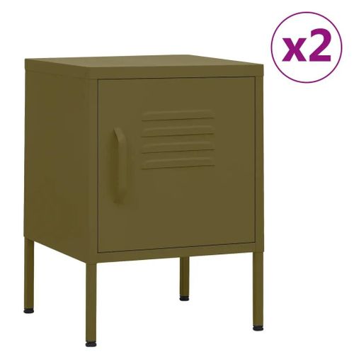 Tables De Chevet En Acier 2 Pcs | 35x35x51 Cm, Vert Olive, Compact, Gain De Place, 1 Etagere Reglable