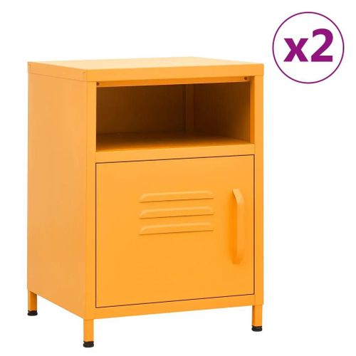 Tables De Chevet En Acier | 2 Pieces 35x35x51 Cm, Jaune Moutarde, Compact, Gain De Place, 1 Etagere + 1 Porte