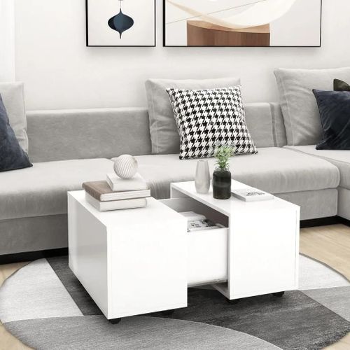 Table Basse En Bois D'ingenierie Blanc | 60x60x38 Cm, Extensible 2 Cotes, 4 Roulettes, Gain De Place, Multifonctionnel Salon