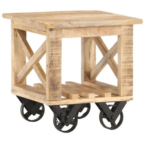 Table D'appoint En Bois De Manguier Brut | 40x40x42 Cm, 4 Roulettes, Etagere Inferieure, Style Vintage, Multifonctionnelle