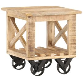Table D'appoint En Bois De Manguier Brut | 40x40x42 Cm, 4 Roulettes, Etagere Inferieure, Style Vintage, Multifonctionnelle