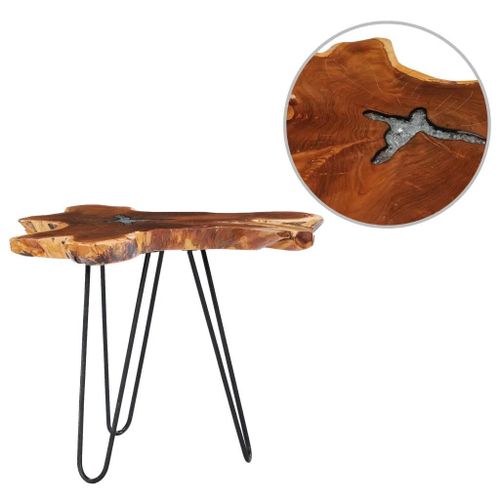 Table Basse En Bois De Teck Massif Et Polyester | 70x45 Cm, Design Rustique Unique, Surface Stable, Resistant Aux Intemperies, Base En Acier Noir