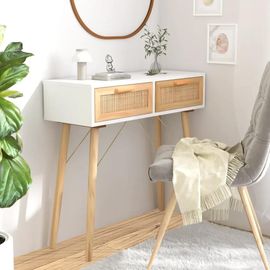 Table Console En Bois Massif Pin Et Rotin Naturel | 80x30x75 Cm, 2 Tiroirs, Design Scandinave, Gain De Place, Stable Et Durable