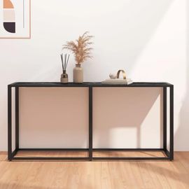 Table Console En Marbre Noir Et Verre Trempe | 160x35x75,5 Cm, Design Elegant, Structure En Acier Poudre, Facile A Nettoyer, Gain De Place