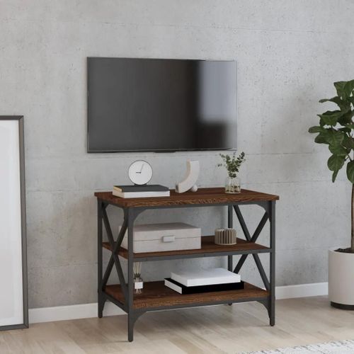 Meuble Tv En Bois D'ingenierie Chene | 60x40x50 Cm, Compact, Gain De Place, 2 Etageres De Rangement, Style Industriel
