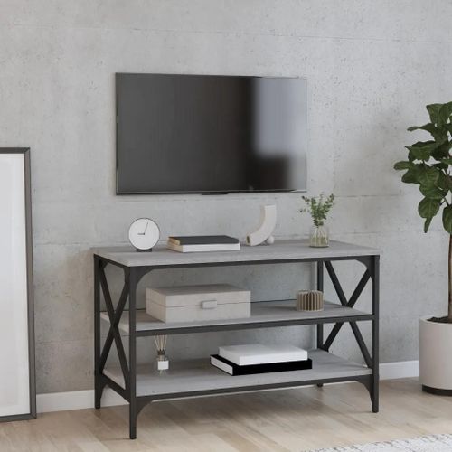 Meuble Tv En Bois D'ingenierie Chene Sonoma | 80x40x50 Cm, Compact, Gain De Place, 3 Etageres De Rangement, Style Industriel