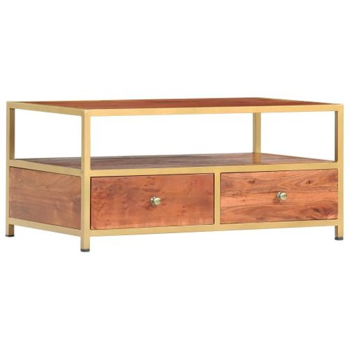 Table Basse En Bois D'acacia Massif 90 X 50 X 40 Cm | Vintage, 2 Tiroirs + Compartiment Ouvert, Gain De Place, Multifonctionnel