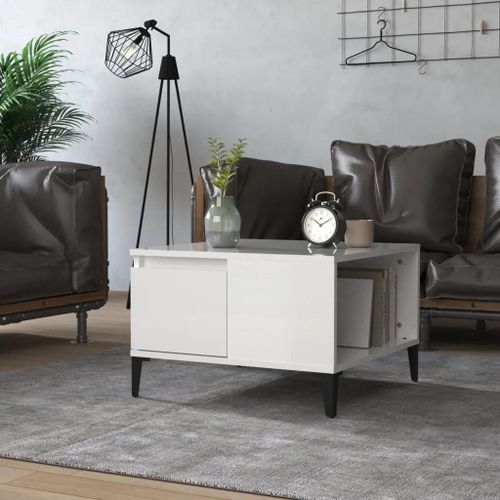 Table Basse En Bois D'ingenierie Blanc Brillant | 55x55x36,5 Cm, 1 Tiroir + 1 Compartiment, Gain De Place, Style Moderne