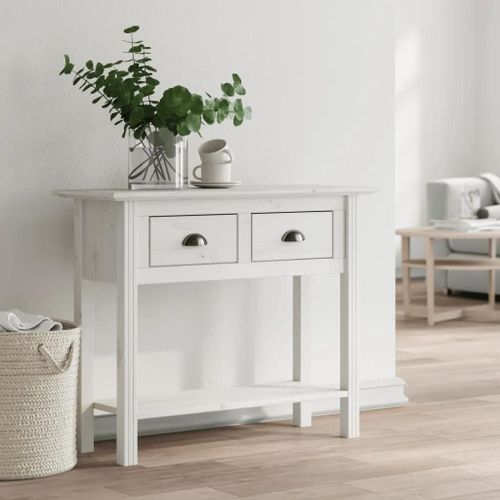 Table Console En Bois De Pin Massif Bodo Blanc | 91x35x74 Cm, 2 Tiroirs, Etagere Inferieure, Gain De Place, Style Francais