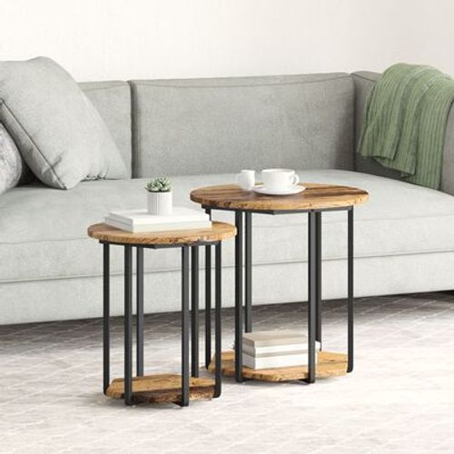 Table D'appoint En Bois Reconstitue Vieilli Et Metal | 2 Pieces, 50 Cm De Diametre, Design Rustique, Compact, Gain De Place, Multifonctionnel Pour Salon Ou Chambre