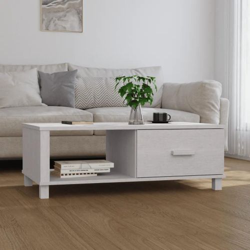 Table Basse En Bois Massif De Pin Hamar | 100x55x35 Cm, Blanc, Compact, Gain De Place, 1 Tiroir + 1 Compartiment