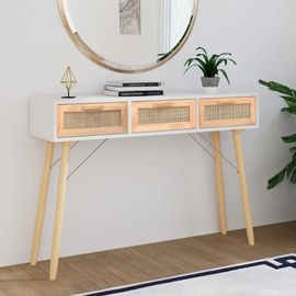 Table Console En Bois Massif Pin Et Rotin Naturel | 105x30x75 Cm, 3 Tiroirs, Design Scandinave, Gain De Place