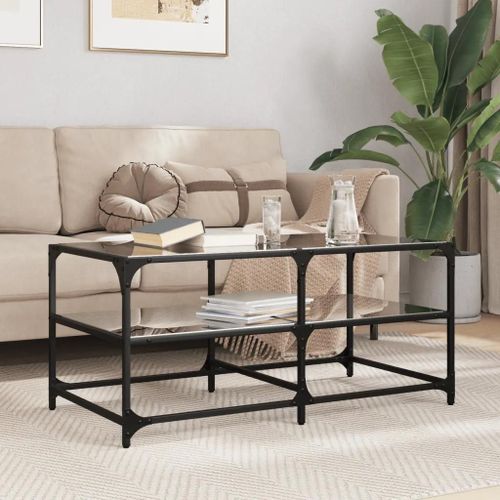 Table Basse En Verre Noir Et Acier | 98,5x50x45 Cm, Design Elegant, Surface Ample, Cadre Robuste, Gain De Place, Multifonctionnel