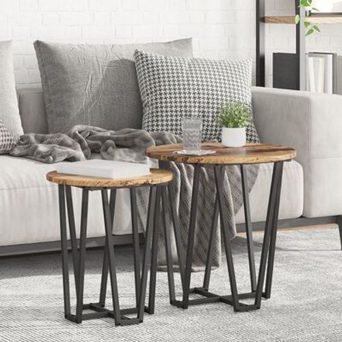 Table D'appoint En Bois Vintage Et Metal | 2 Pieces, 40 Cm De Diametre, Compacte, Gain De Place, Multifonctionnelle Pour Salon Ou Chambre