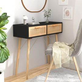 Table Console En Bois Massif Pin Et Rotin Naturel | 80x30x75 Cm, 2 Tiroirs, Design Scandinave, Gain De Place, Compacte