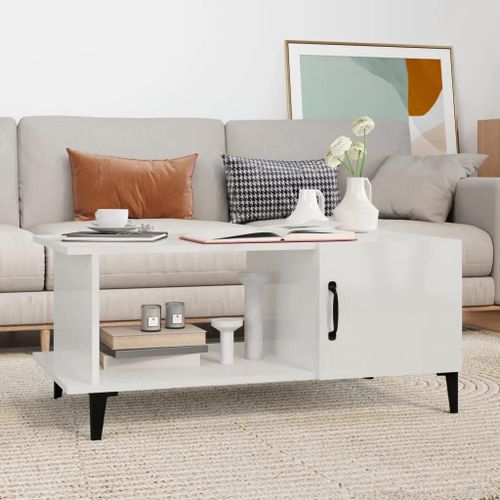 Table Basse En Bois D'ingenierie Blanc Brillant | 90x50x40 Cm, Compacte, Gain De Place, 1 Compartiment + Etagere, Style Industriel