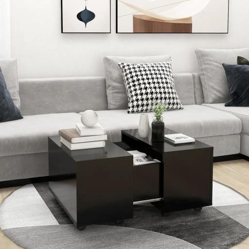 Table Basse En Bois D'ingenierie Noir | 60x60x38 Cm, Extensible 2 Cotes, Pratique Avec Roulettes, Gain De Place Salon