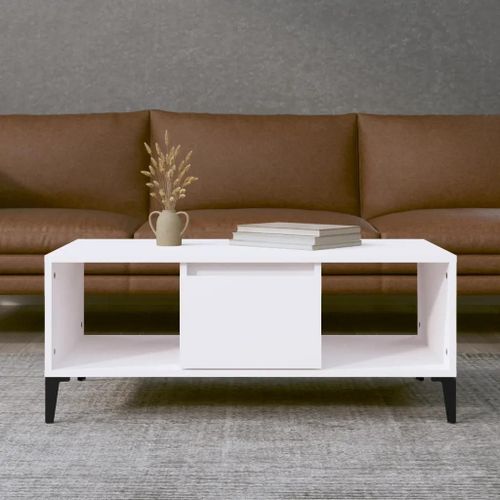 Table Basse En Bois D'ingenierie Blanc | 90x50x36,5 Cm, 1 Tiroir + 2 Compartiments, Gain De Place, Style Industriel