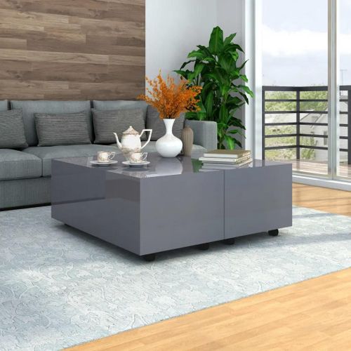 Table Basse En Bois D'ingenierie Gris Brillant | 100x100x35 Cm, Extensible Des Deux Cotes, Roues Verrouillables, Gain De Place