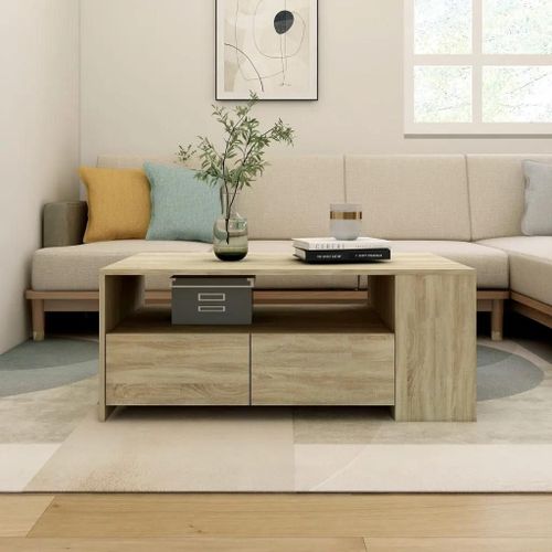 Table Basse En Bois D'ingenierie Chene Sonoma | 102x55x42 Cm, Compacte, Gain De Place, Multifonctionnelle Avec Etagere Et Tiroirs