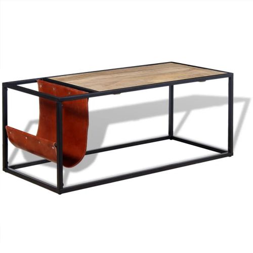 Table Basse Industrielle En Bois De Manguier Massif Et Acier | 110x50x45 Cm, Porte-Revues En Cuir Veritable, Compacte, Gain De Place, Style Retro