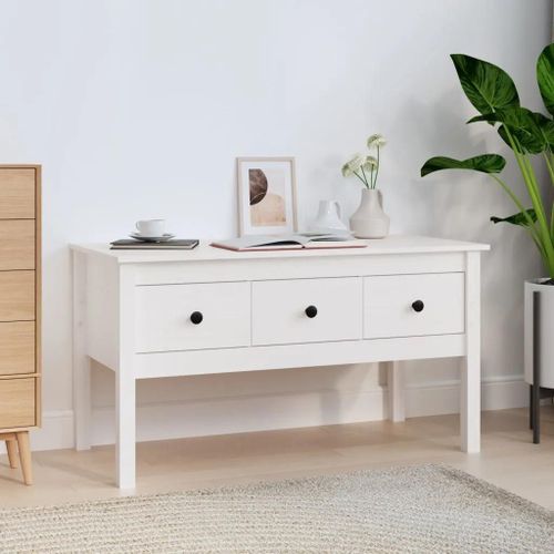 Table Basse En Bois Massif De Pin Blanc | 102x49x55 Cm, 3 Tiroirs, Gain De Place, Compact, Multifonctionnel