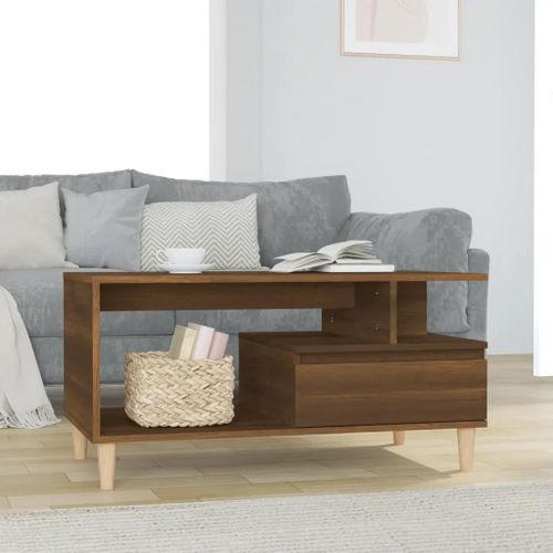 Table Basse En Chene Marron | 90x49x45 Cm, Bois D'ingenierie, Compacte, Gain De Place, 1 Tiroir + Compartiments Ouverts