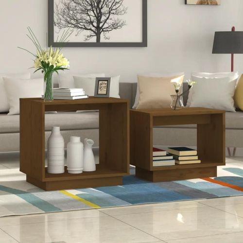 Tables Gigognes En Bois De Pin Massif | 2 Pieces Marron Miel, Compact, Gain De Place, Multifonctionnel Pour Salon Ou Chambre