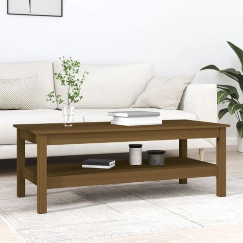 Table Basse En Bois Massif De Pin Miel | 110x50x40 Cm, Etagere De Rangement, Design Rustique, Compacte, Gain De Place