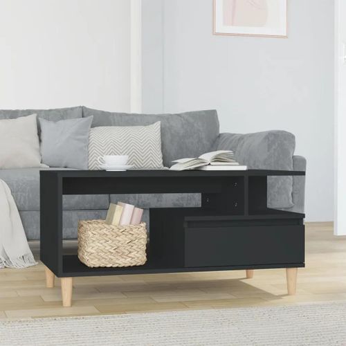 Table Basse En Bois D'ingenierie Noir | 90x49x45 Cm, Compacte, Gain De Place, 1 Tiroir + Compartiments Ouverts