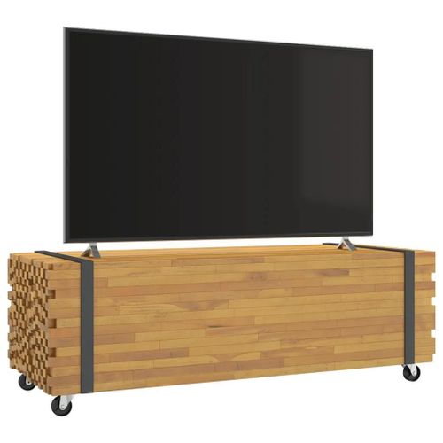 Table Basse En Bois Massif De Teck 110x45x35 Cm | 4 Roues, Plateau Robust, Multifonctionnelle, Gain De Place