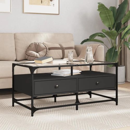 Table Basse En Verre Noir Et Acier | 98,5x50x45 Cm, Design Elegant, Surface Spacieuse, Cadre Robuste, Gain De Place
