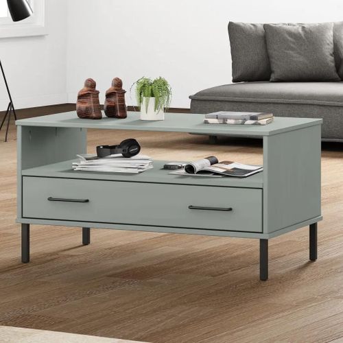 Table Basse En Bois De Pin Oslo Avec Pieds En Metal Gris | 85x50x45 Cm, Compacte, Gain De Place, 1 Tiroir + Compartiment Ouvert