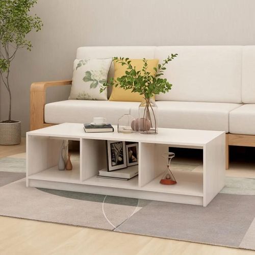 Table Basse En Pin Massif Blanc | 110x50x34 Cm, Design Moderne, Gain De Place, Etagere De Rangement, Multifonctionnel